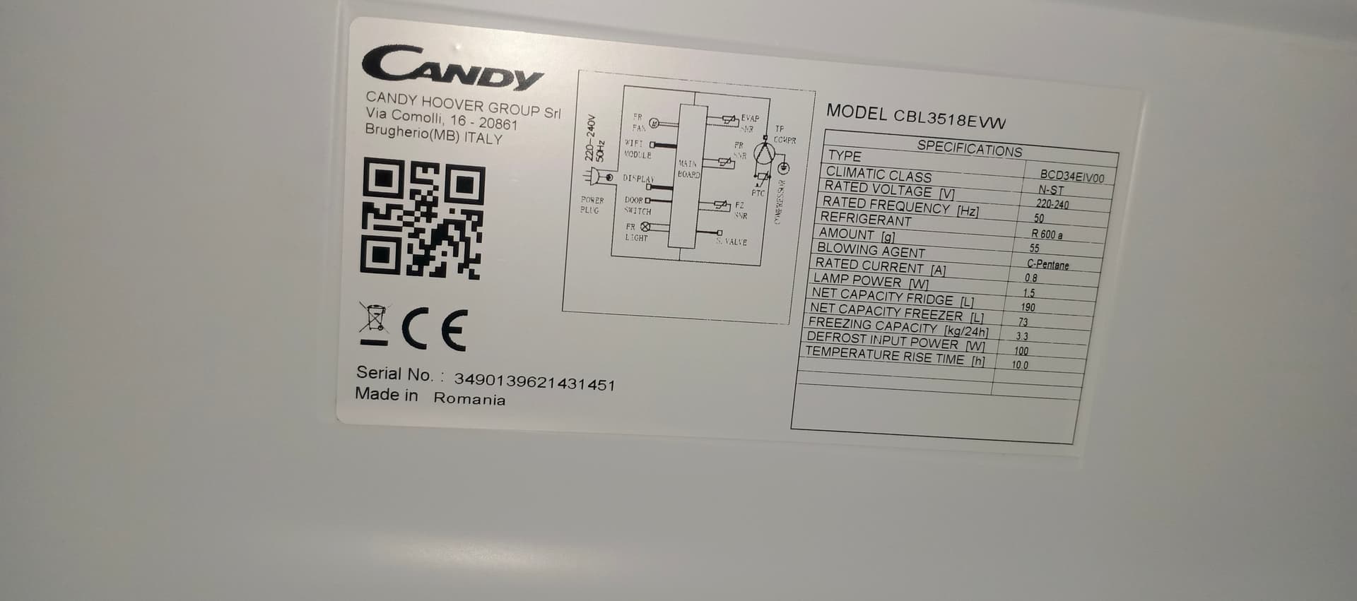 Холодильник Candy CBL3518EVW Під вмонтування