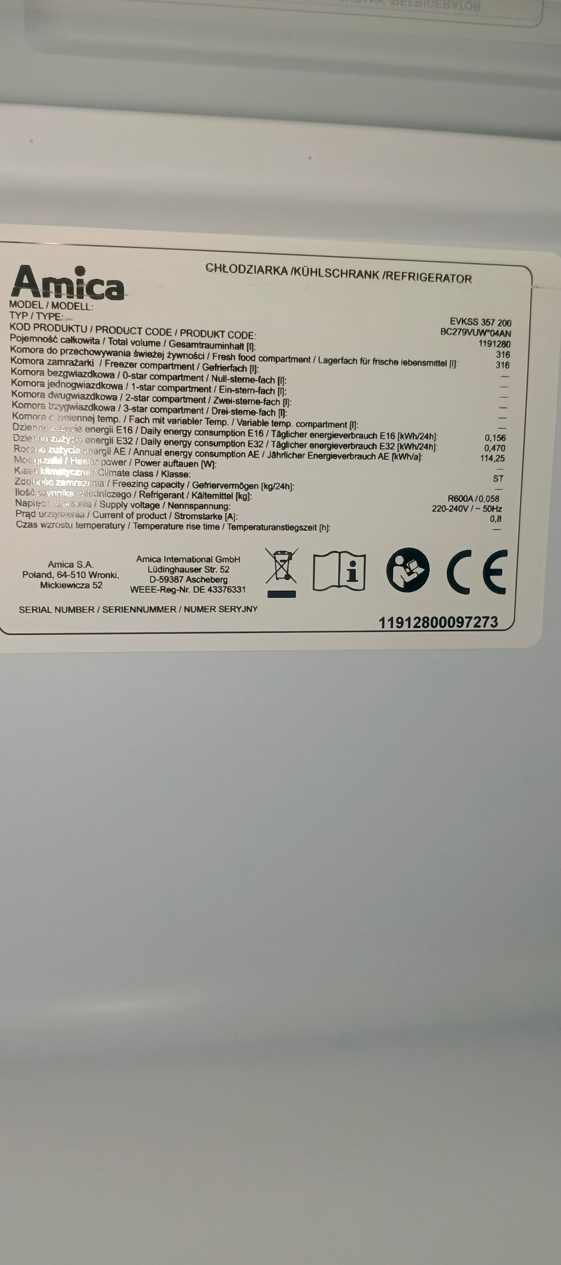 Холодильник Amica EVKSS 357 200 під вмонтування
